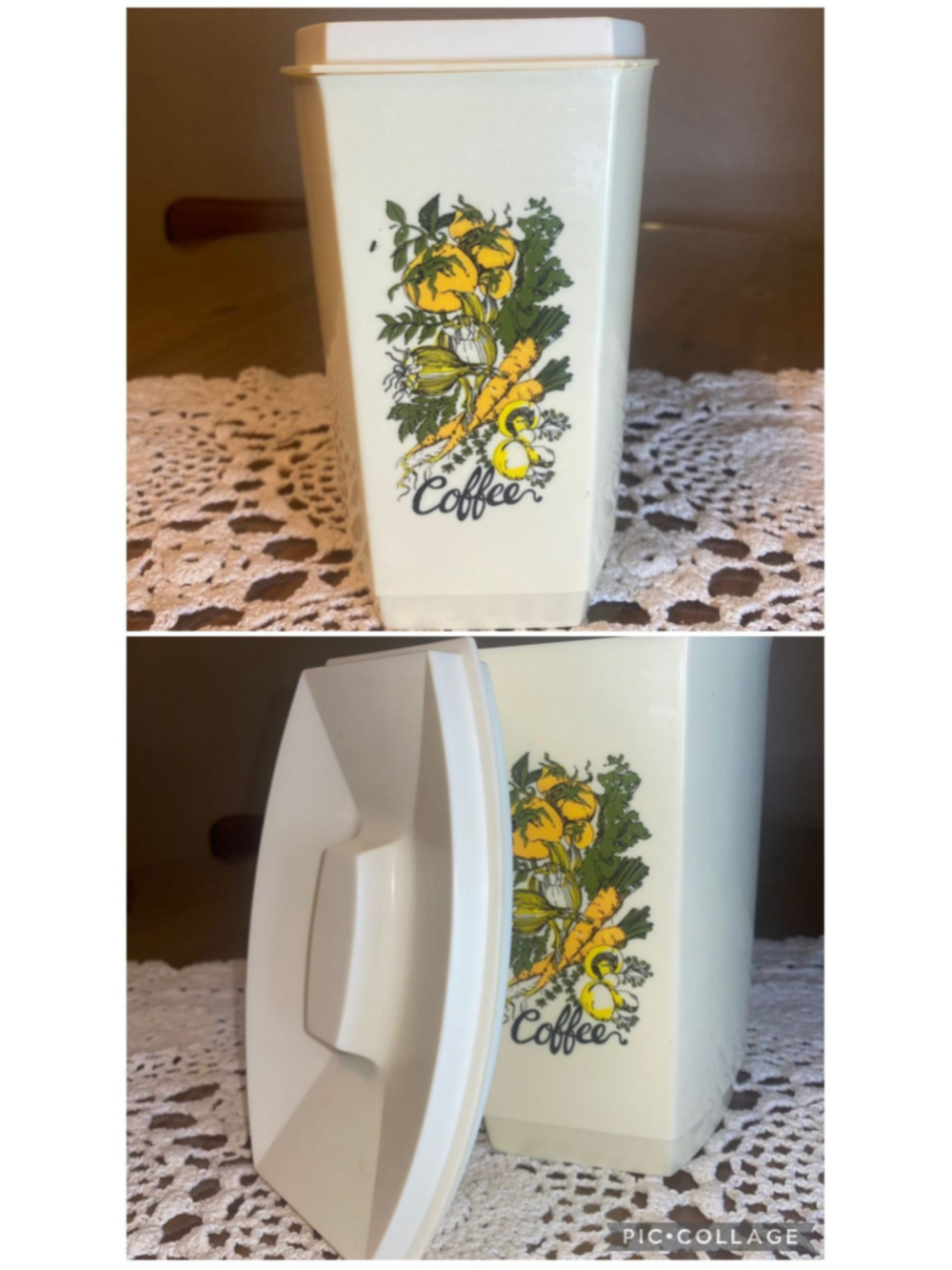 Vintage 1970s white plastic kitchen coffee canister with a vegetables